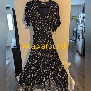 Abercrombie And Fitch Floral Wrap Dress. Long. Navy Blue Uneven Hem. V Neck. XL.